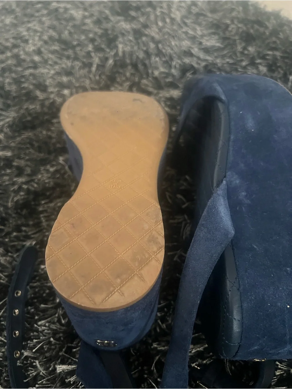 CHANEL Navy Suede Platform Heels with Gold CC Accent